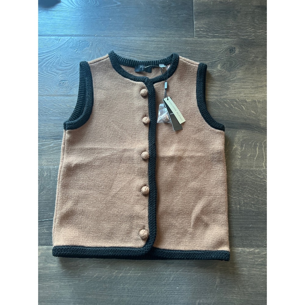 Tahari Sherwood Knit Vest Camel Black Contrast Trim Viscose Blend‎ NWT XS Woman
